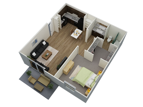 a 3d floor plan of a small apartment with a bedroom and living room